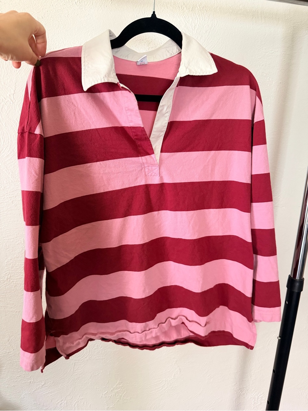 Old Navy Pink and Burgundy Striped Long Sleeve Polo Tee